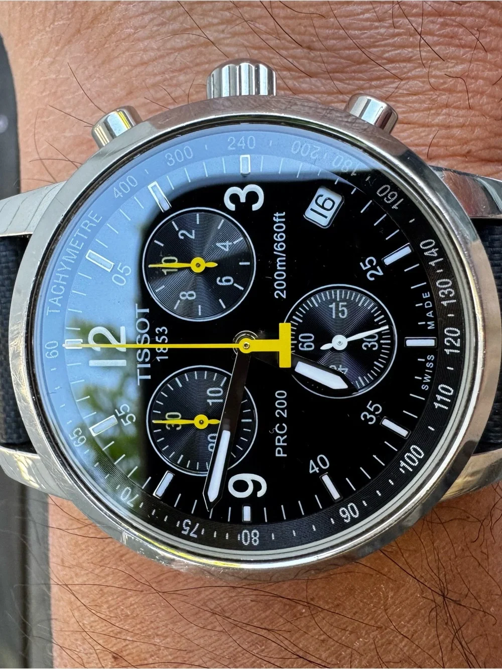 Tissot Black Dial Chronograph Watch with Yellow Accents